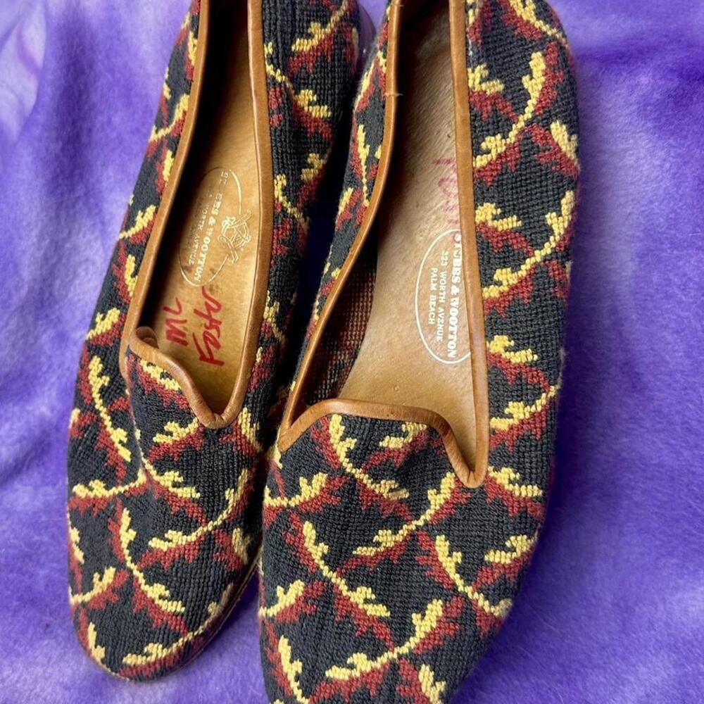 Stubbs  & Wootton filgree woven tapestry leather sole loafers.
